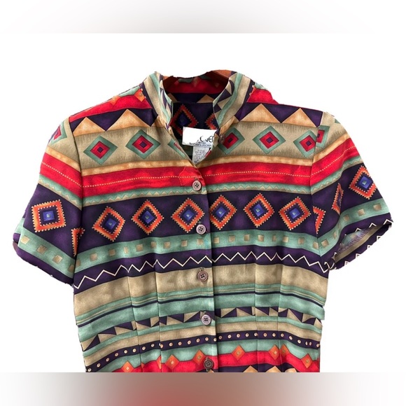 Vintage 80s Womens Size 6 Button Front Knee Length Dress Aztec Southwestern USA - Picture 3 of 6